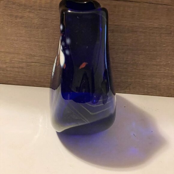 Loren Chapman Vintage Signed Cobalt Blue Blown Glass Swirl Freeform Vase 1983 - Picture 4 of 9